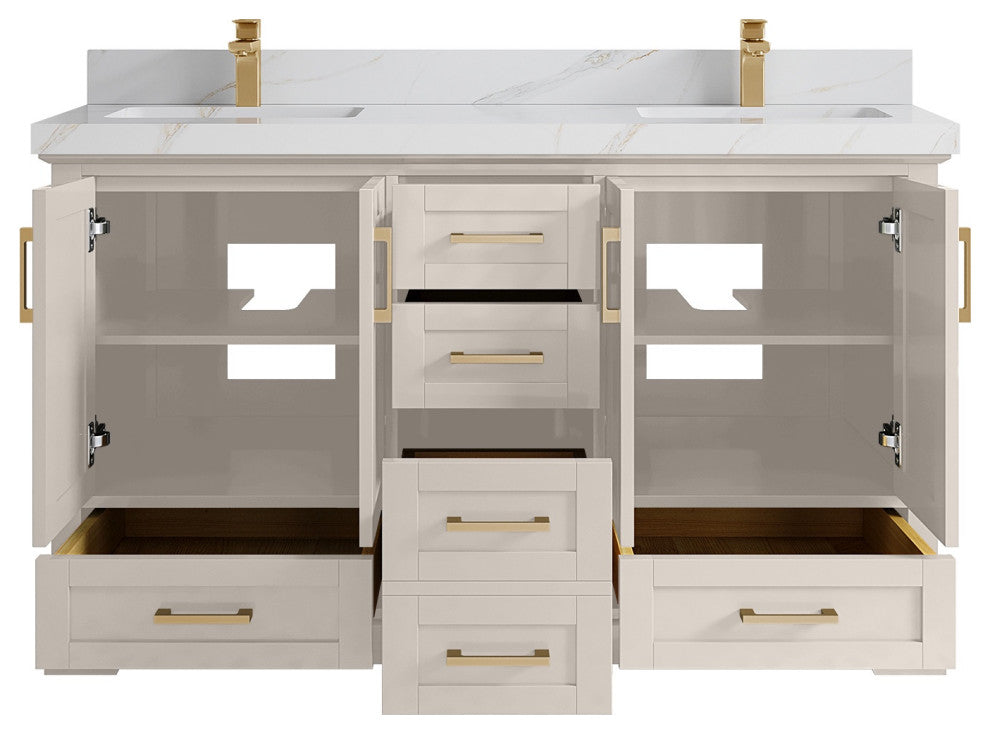 Boston 60" Double Bathroom Vanity in Fine Grain 2" Calacatta Sienna