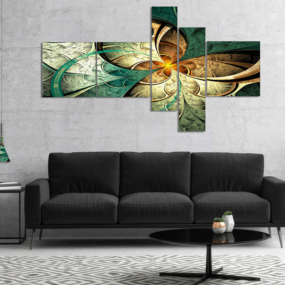Dark Yellow Green Fractal Flower, Abstract Canvas Art Print, 60"x32", 5 panels