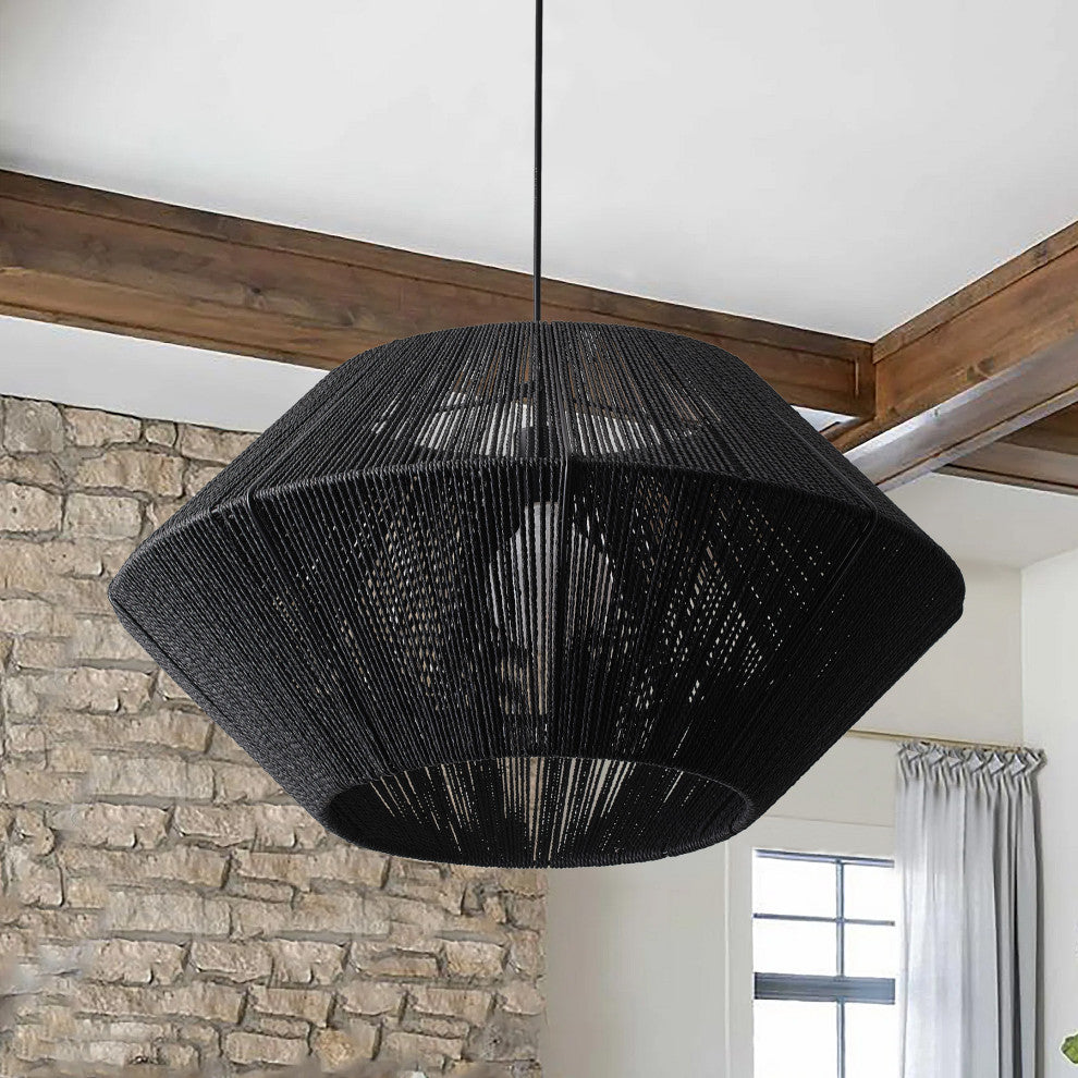 Farmhouse Matte Black Paper Rope Craft Pendant Lighting Fixture