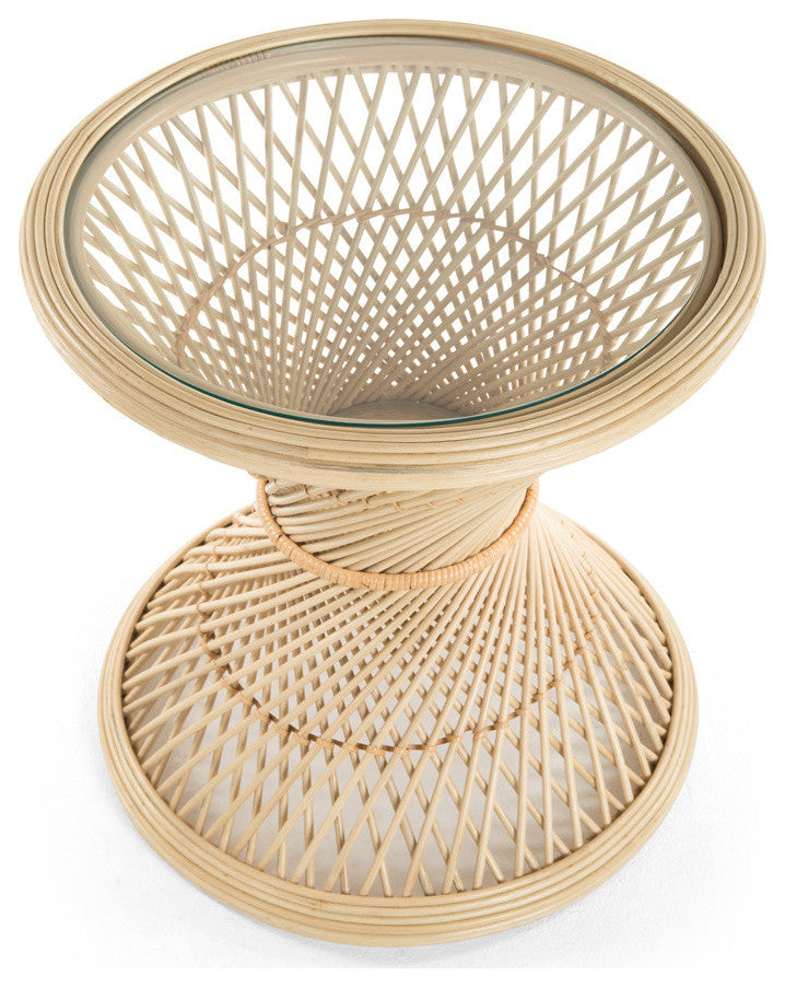 Peacock Rattan Side Table With Glass Top, Natural-Brown