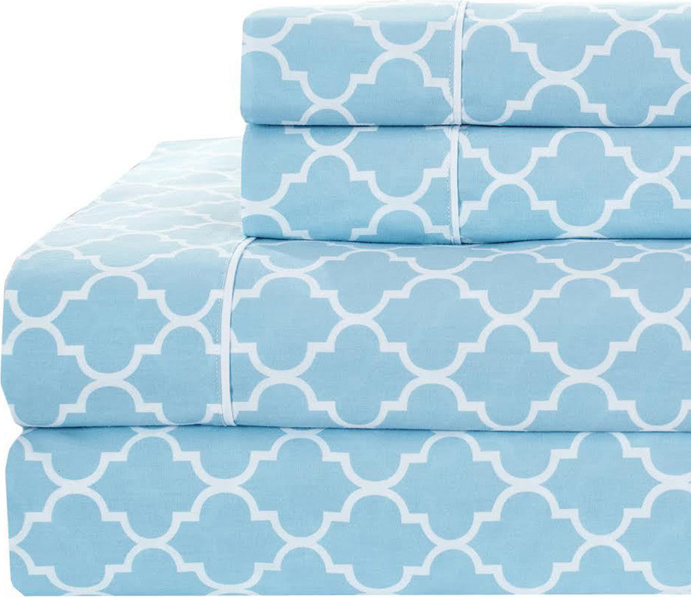 Percale Meridian 100% Cotton Sheet Set, Blue and White, King