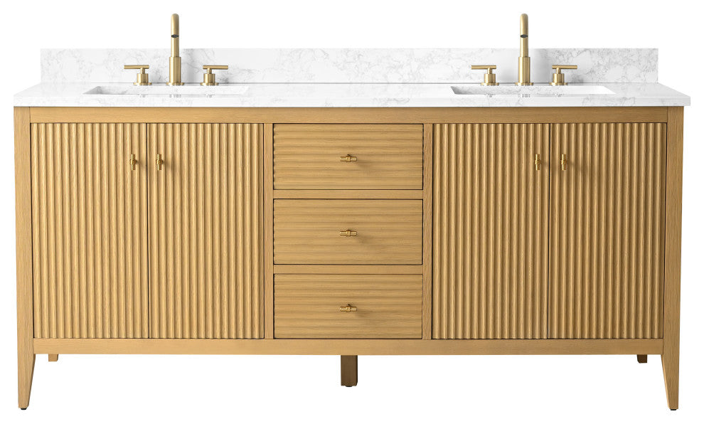 Vanity Art Freestanding Vanity, Natural Oak, 72", Double Sink, Golden Brushed