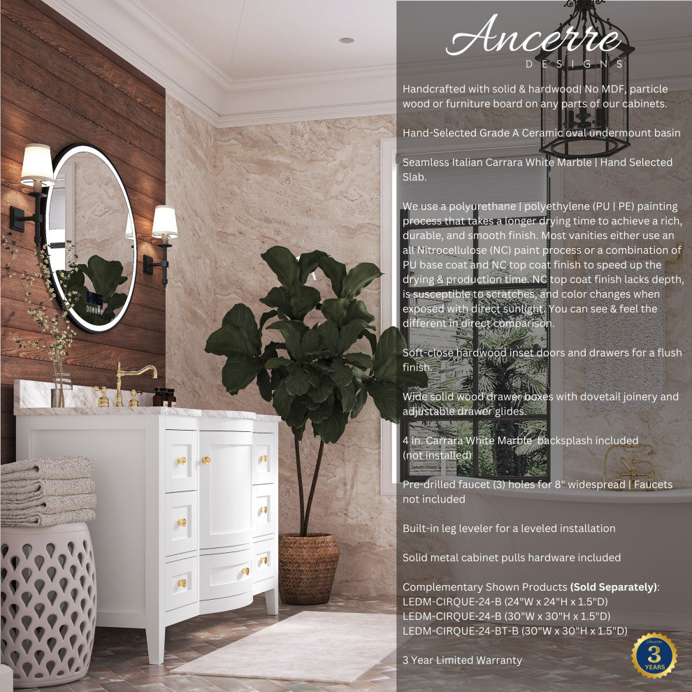 Lauren 48" Vanity Set, White, 48", Gold Hardware, Cararra White Marble Countertop and Mirror