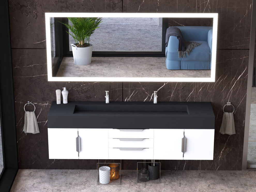 CastelloUSA Nile 72" Wall Mounted Bathroom Vanity Set, White, Black Top, Chrome Handles