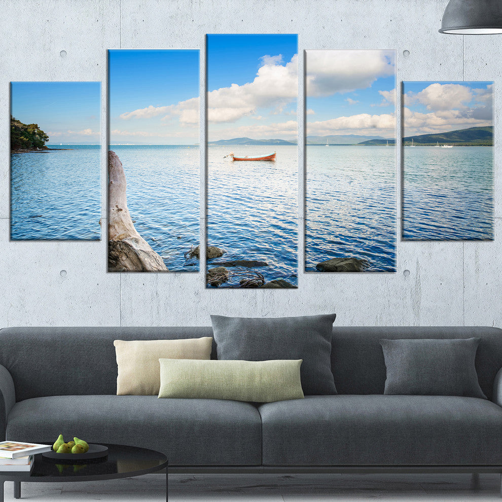 "Small Wooden Boat and Tree Trunk" Seashore Wall Art, 5 Panels, 60"x32"
