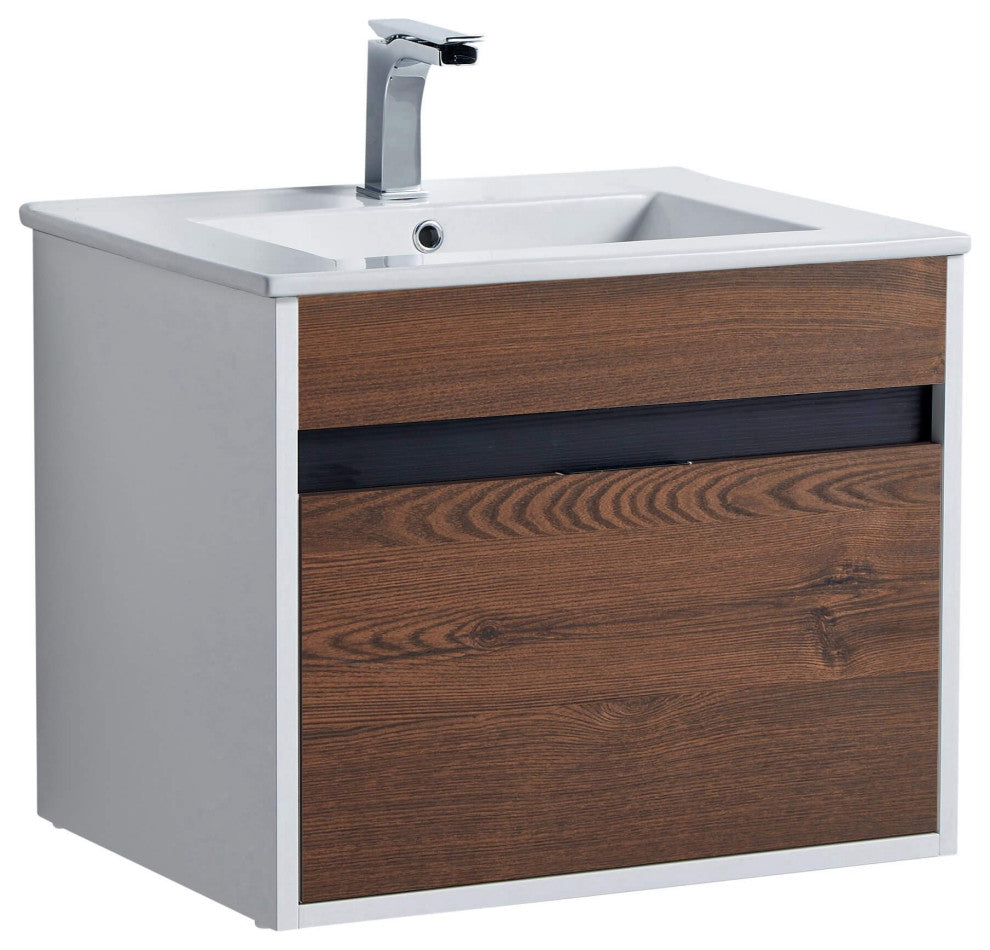 Alpine Wall Mount Bathroom Vanity and Sink, Brown Walnut, 24"