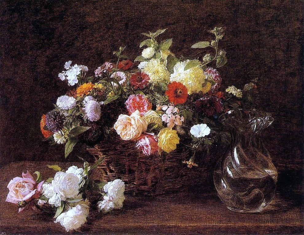 Henri FantinLatour Basket of Flowers Premium Canvas Print