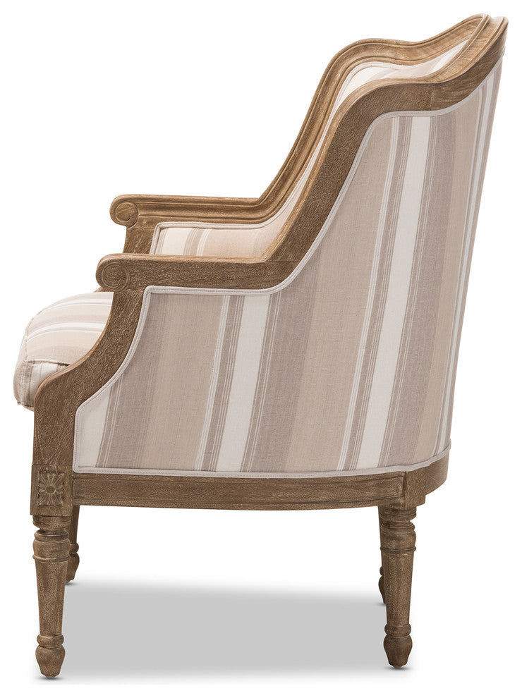 Charlemagne Traditional French Accent Chair, Oak, Brown Stripe