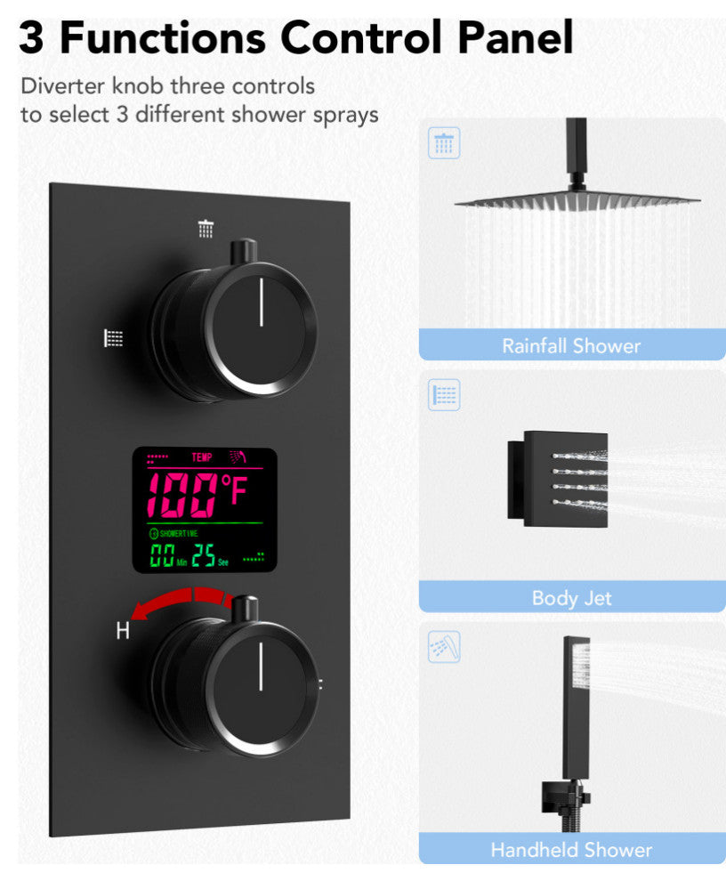 Digital Shower System 12" Rainfall Shower Head With 6 Body Jets, Matte Black