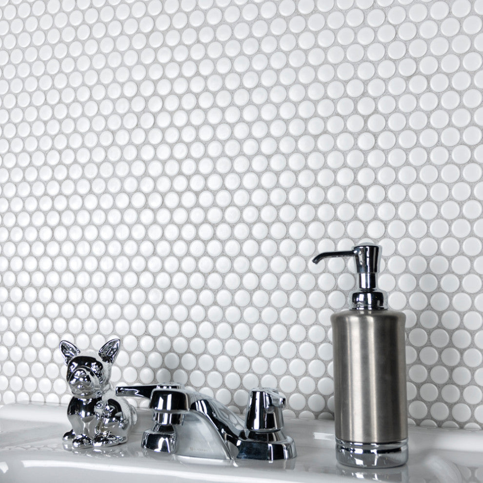 Metro Penny Round Porcelain Mosaic Floor and Wall Tile, Matte White