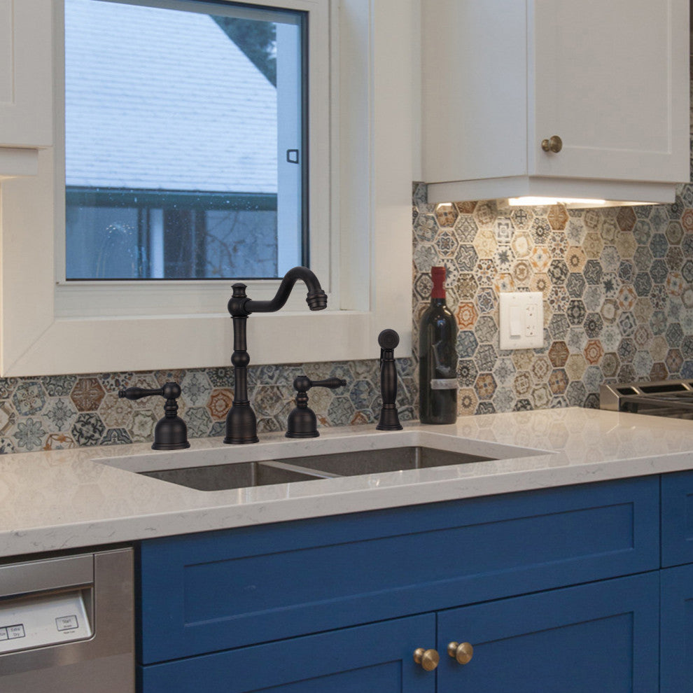 Two-Handles Copper Widespread Kitchen Faucet with Side Sprayer, Oil Rubbed Bronze