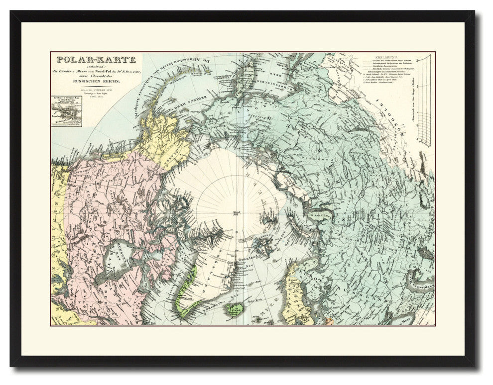 North Pole Stieler Vintage Map Print On Canvas With Picture Frame 28" X 37"