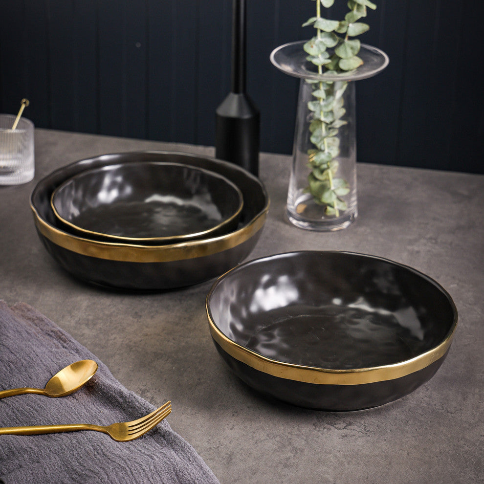 3-Piece Stone Lain Florian Porcelain Serving Bowl Set, Black