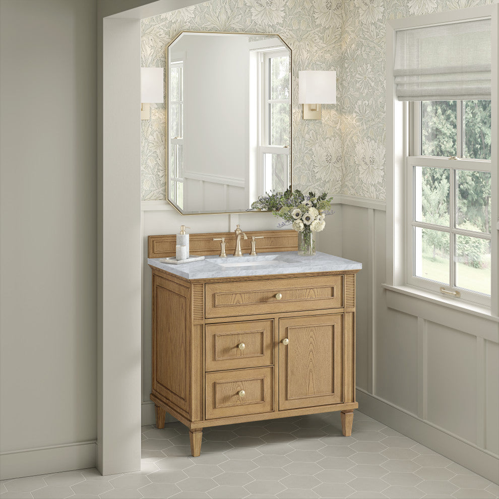 Lorelai 36" Single Vanity, Light Natural Oak, 3 CM Carrara White Marble Top