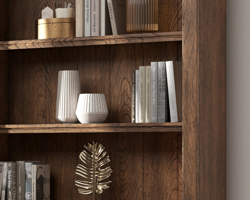 Traditional 8' Tall Bookcase Wall With Ladder, Living Room, Brown