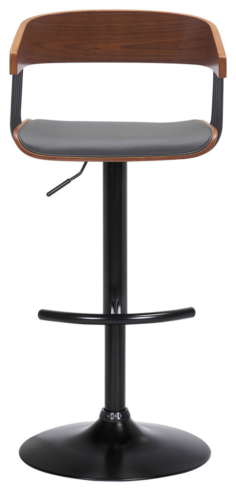Larisa Adjustable Walnut Wood Bar Stool, Gray Faux Leather With Black Metal