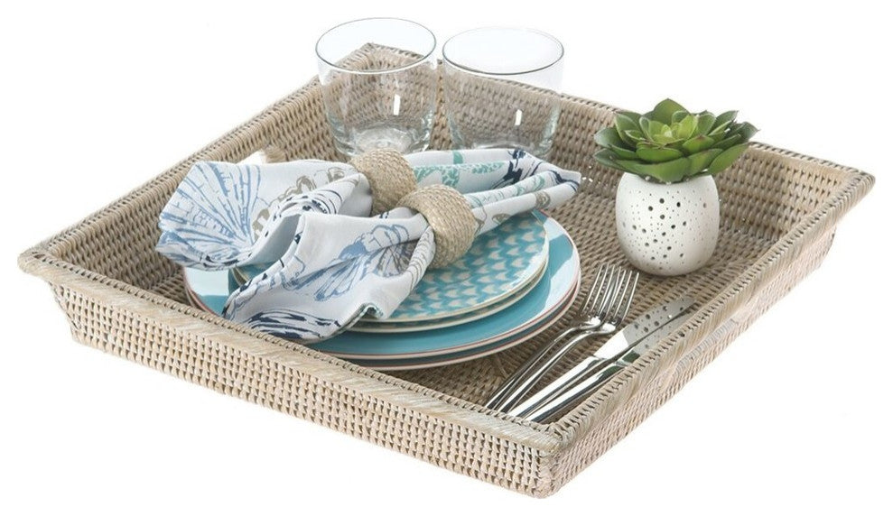 La Jolla Rattan Square Serving Tray, White-Wash