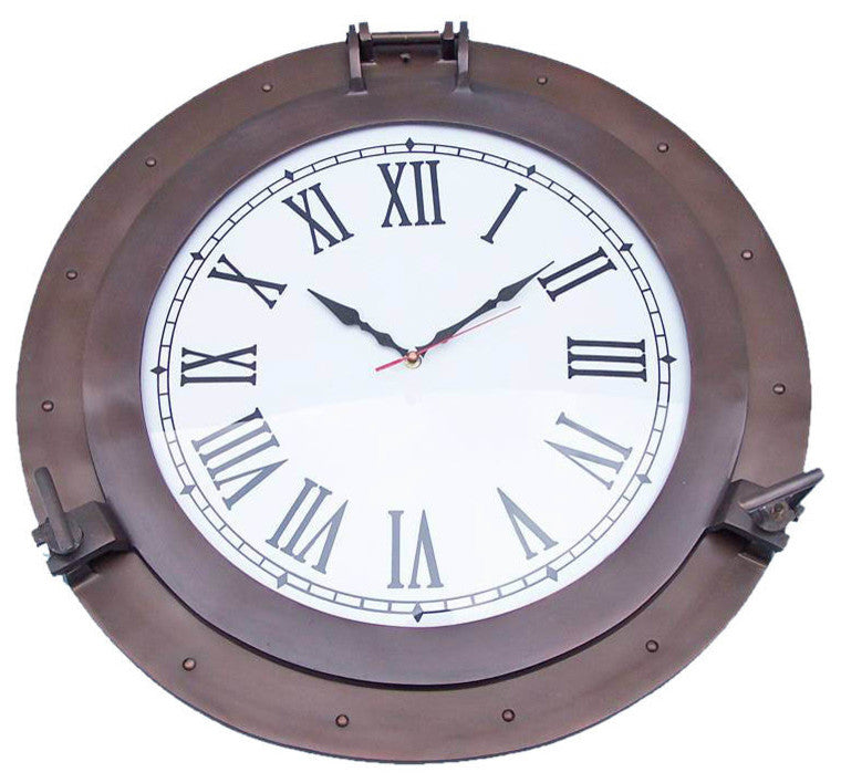 Bronzed Deluxe Class Porthole Clock 24'', Nautical Wall Clock, Beach Decor