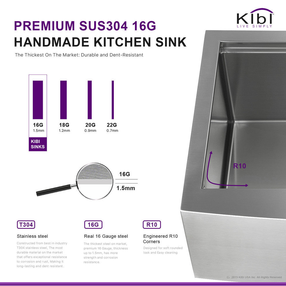 KIBI Farmhouse Apron Single Bowl Stainless Steel Workstation Kitchen Sink, 33"