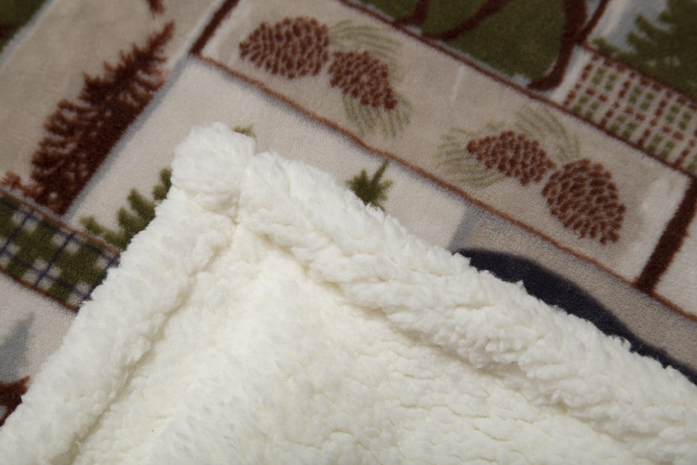 Vintage Lodge Rustic Cabin Sherpa Throw Blanket, 54"x68"