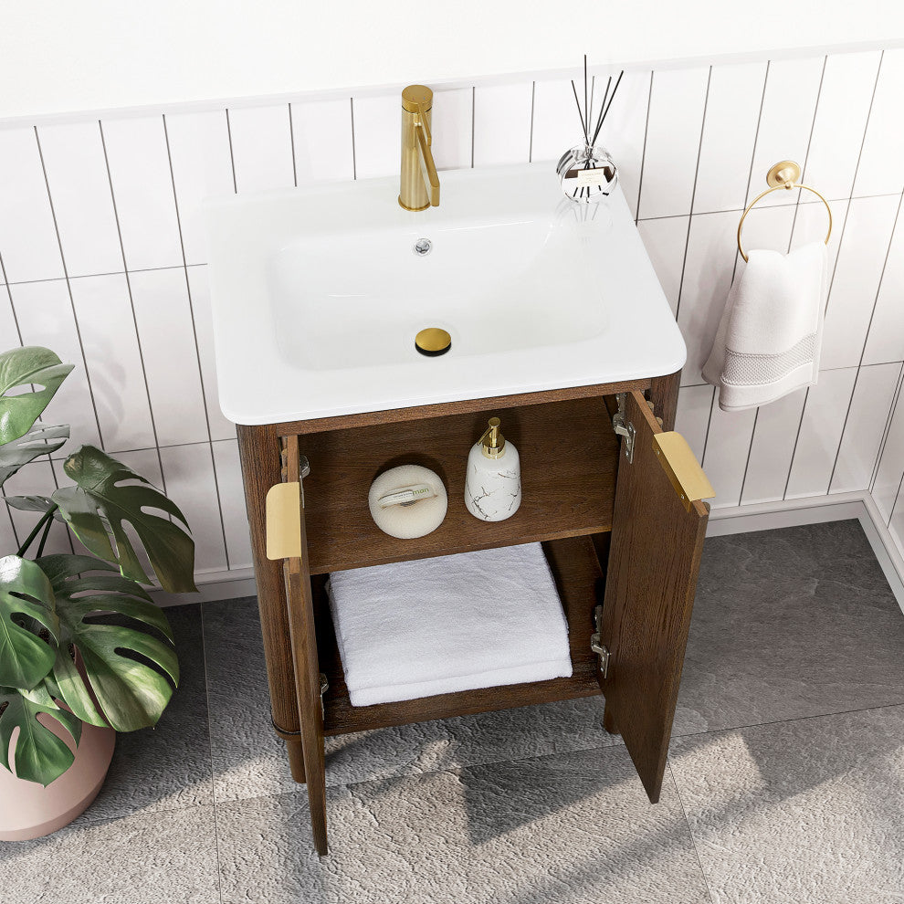 Mumbai Bath Vanity with Ceramic Basin Top without Mirror, Dark Brown Oak, 24", Single Vanity