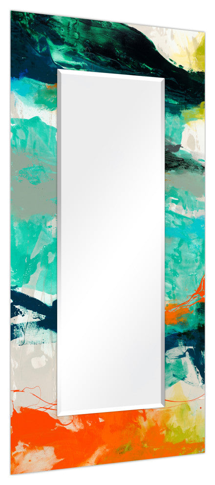 Abstract Rectangular Beveled Wall Mirror on Free Floating Printed Tempered Glass