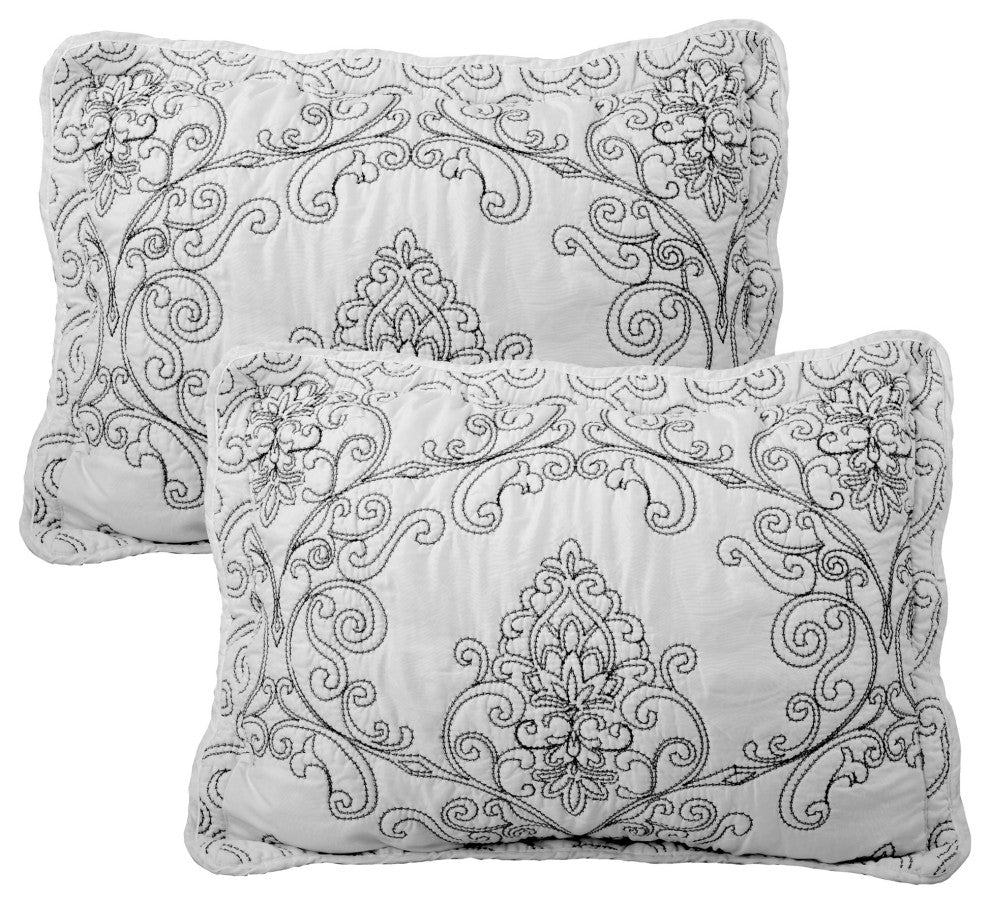 Damask Embroidered Quilted 4 Piece Bed Spread Sets, White, Queen