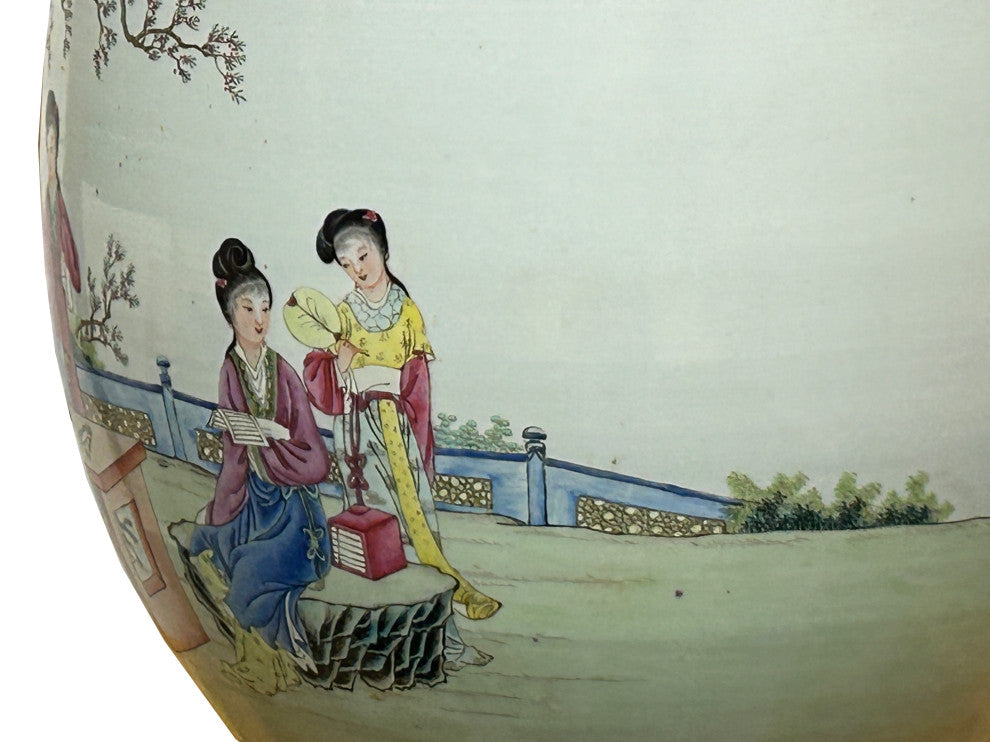 Vintage Chinese Handpainted People Scenery Porcelain Round Pot Vase