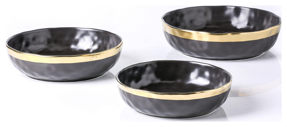 3-Piece Stone Lain Florian Porcelain Serving Bowl Set, Black
