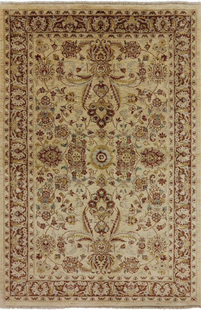 Floral Ivory Oushak Chobi Hand-Knotted Wool Rug, 6'x9'