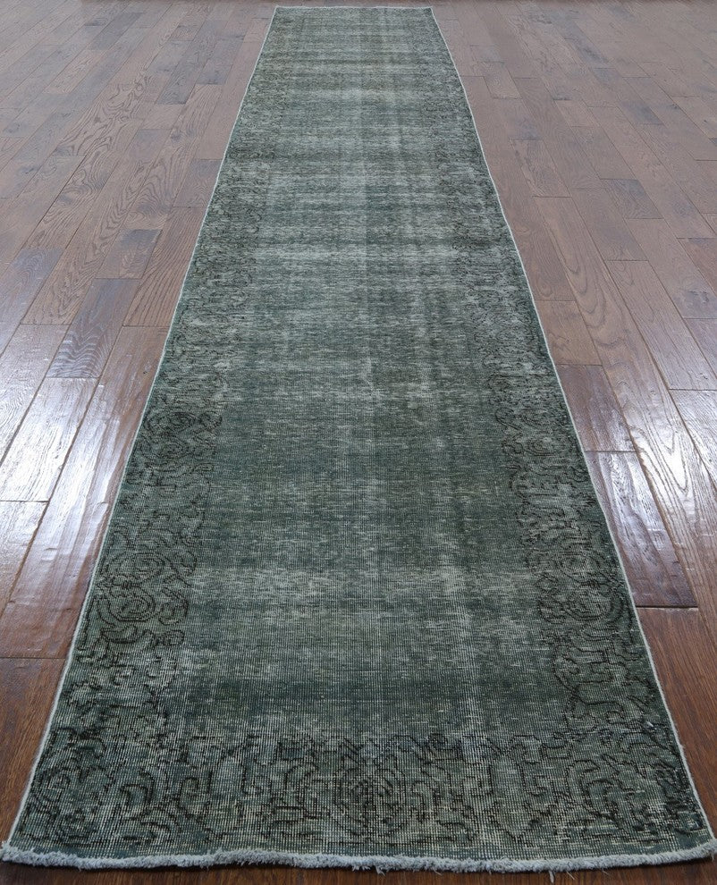 Light Green Overdyed 3'x16' Runner Floral Border Hand Knotted Wool Rug H9144