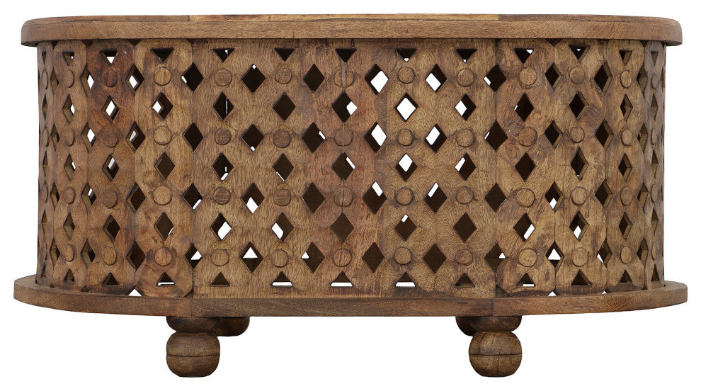 36" Handcrafted Oval Coffee Table Intricate Cutout Design Antique Brown
