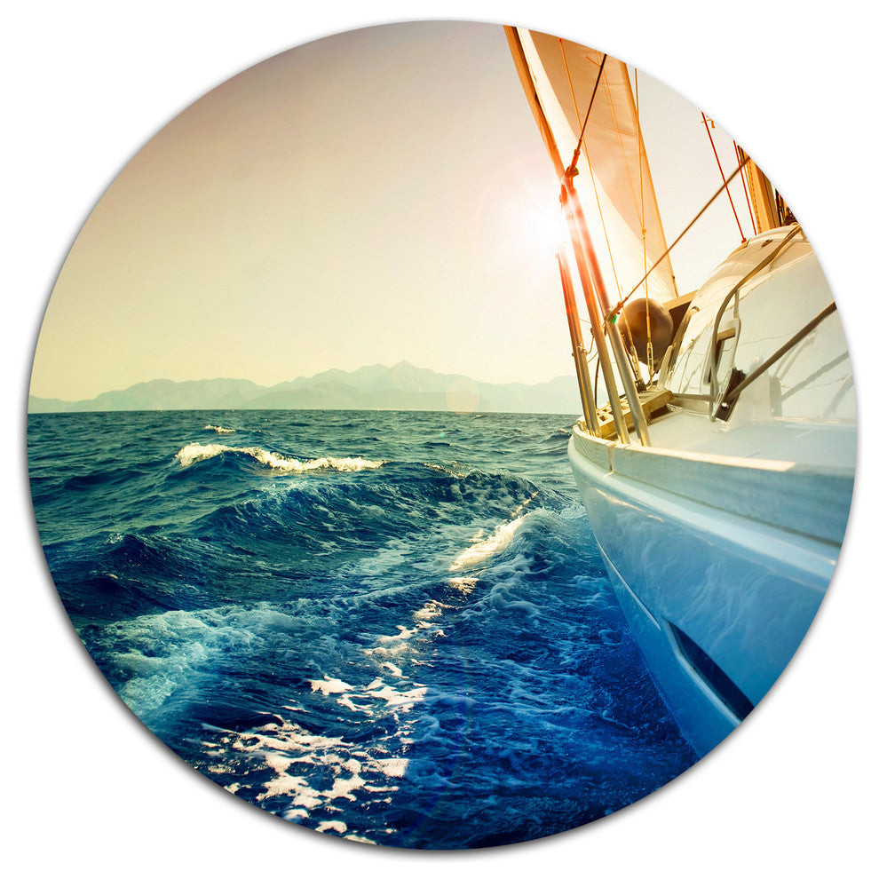 Sepia-Toned Yacht Sailing In Sea, Seashore Round Wall Art, 38"