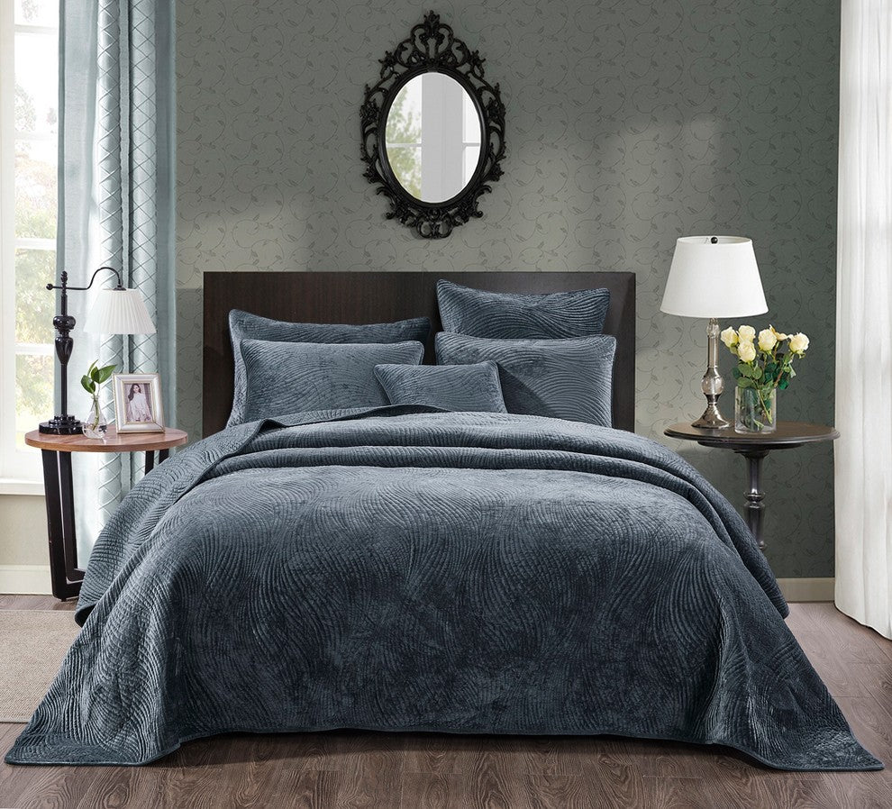 Navy Blue Velvet Plush Waves Bedspread Set, Queen