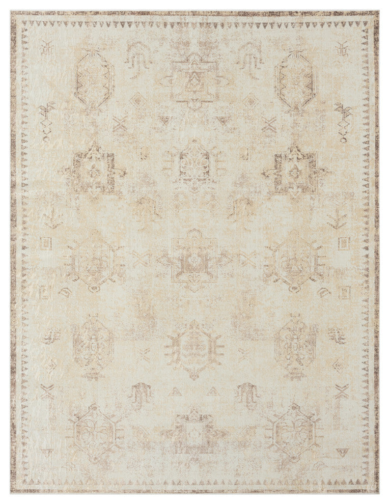 Ayla Beige Traditional Motif Waterproof Area Rug, 2' X 5'