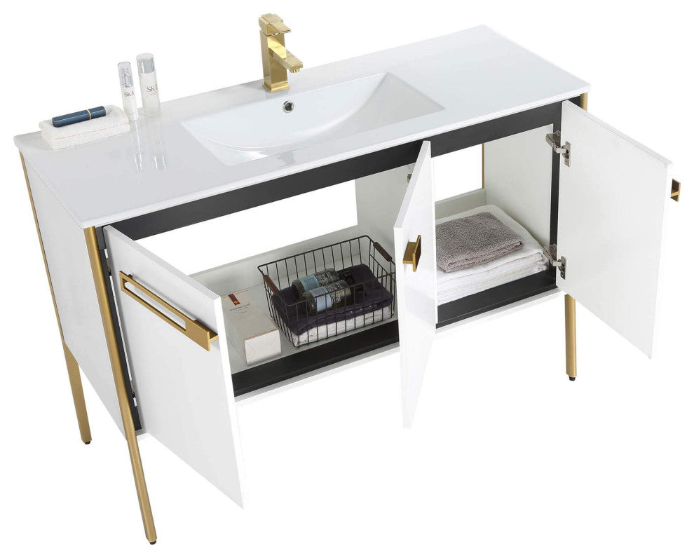 Oakville Bath Vanity, Ceramic Sink, White Matte, 48 Inch, Satin Brass Hardware