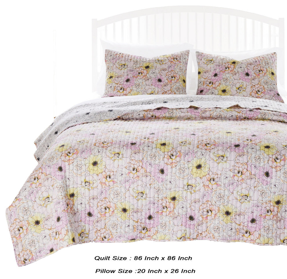 Benzara BM231048 3 Piece Blooming Flower Pattern Queen Quilt Set, White and Pink