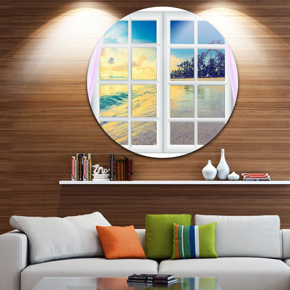 Closed Window To Ocean Sunset, Landscape Disc Metal Wall Art, 11"