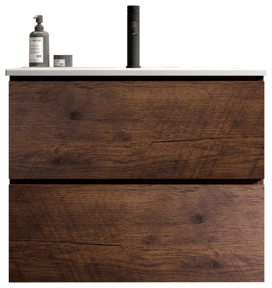 Wall-Mounted Bathroom Vanity Set with Ceramic Sink with one faucet hole, Walnut