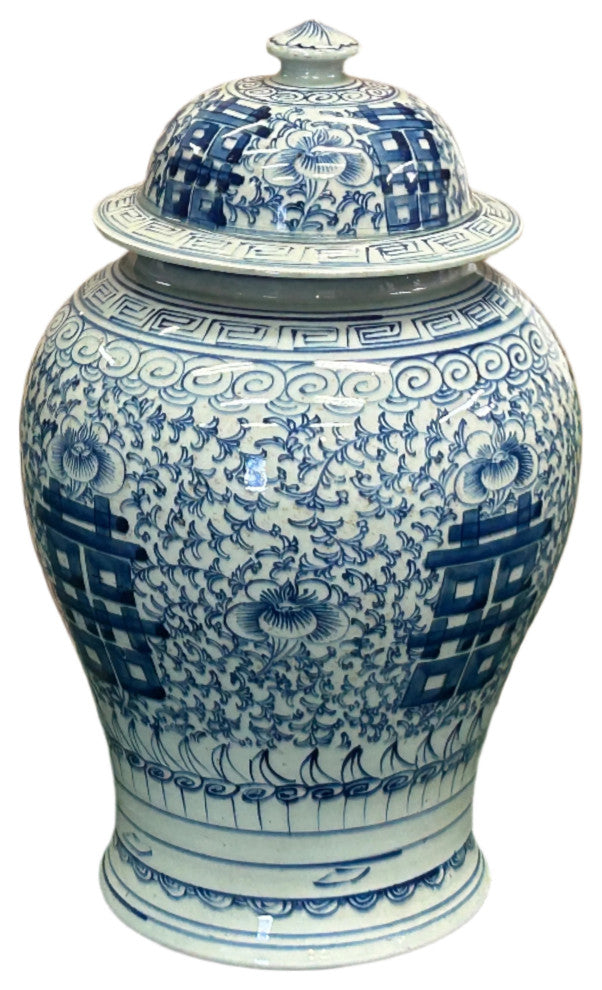 Vintage Blue White Double Happiness Porcelain Temple General Jar Hws4403