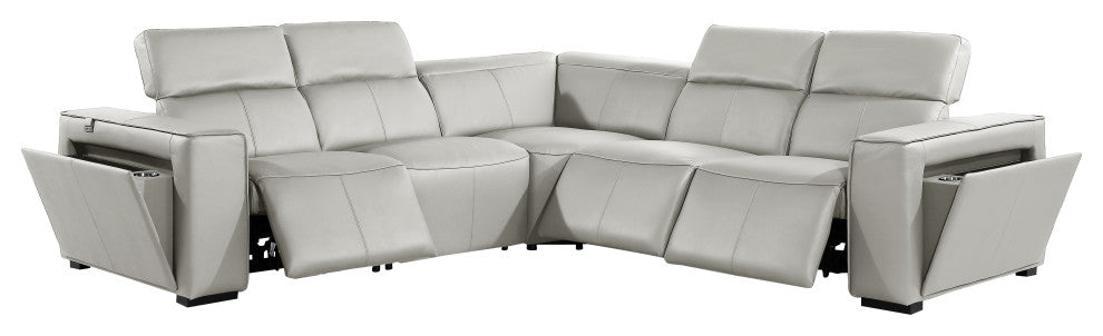 Niccolo Italian Leather 5-Piece L-Shaped Power Reclining Sectional, Light Gray
