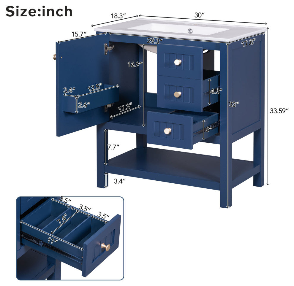 30 Inch Transitional Style Bathroom Vanity Cabinet Combo with Ceramic Sink, Blue