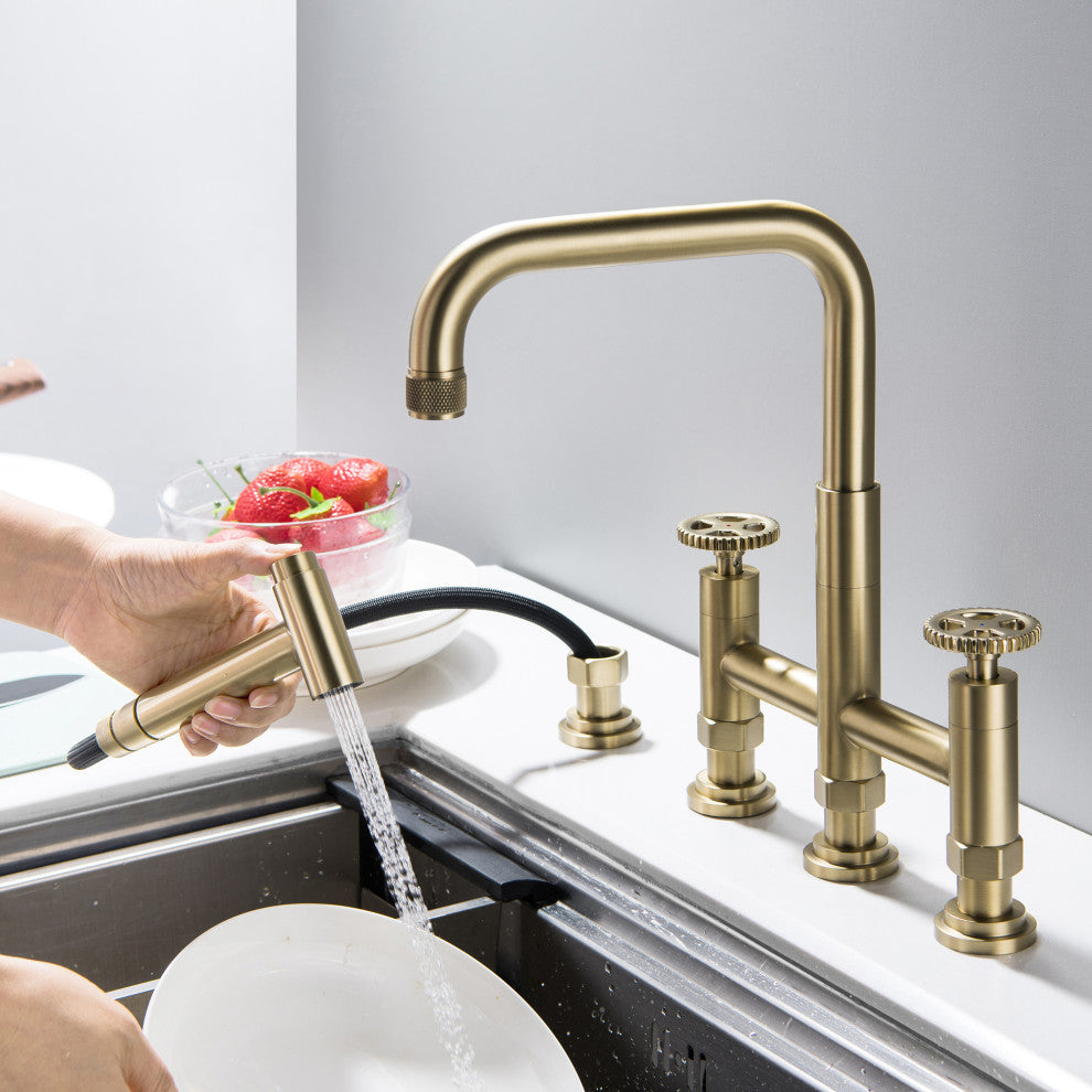 Deck-Mount Bridge Kitchen Sink Faucet With Dual Wheel Handles and Side Sprayer,
