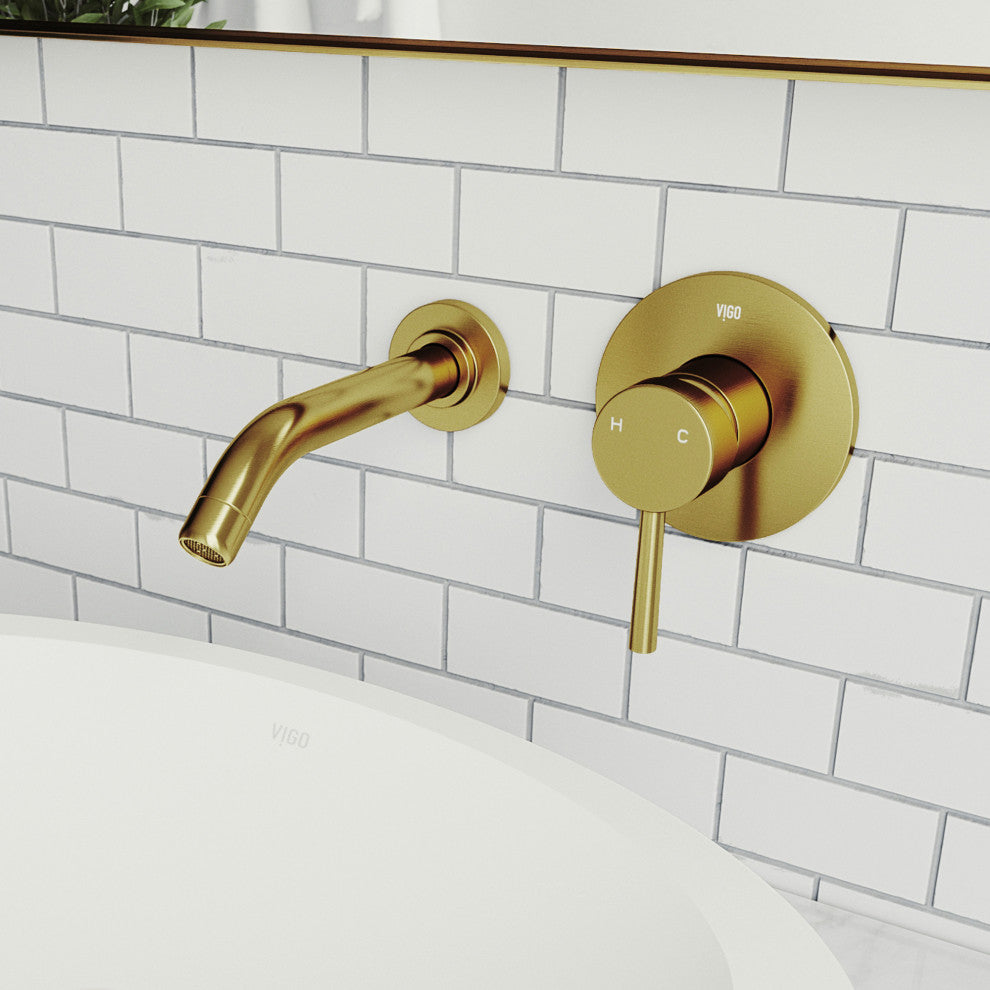 VIGO Olus 5" H Single Handle Wall Mount Bathroom Faucet, Matte Brushed Gold