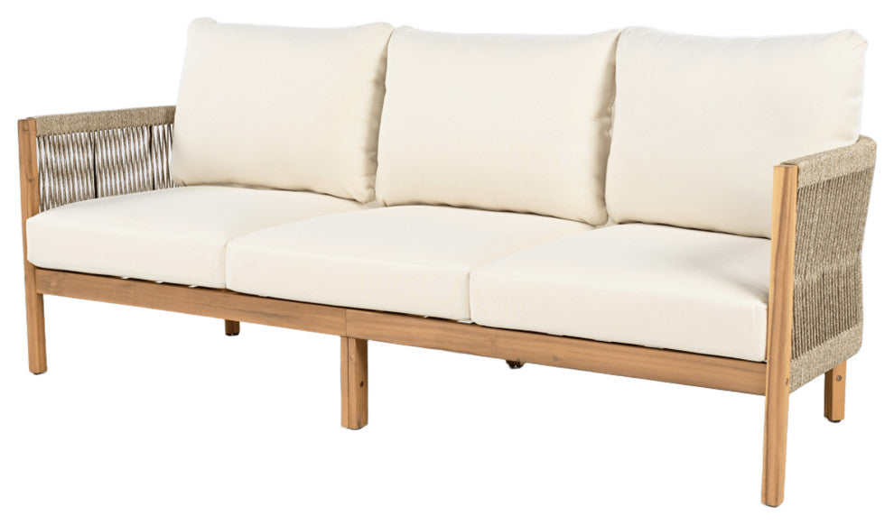 GDF Studio Outdoor 3-Seater Patio Acacia Wood Sofa, Teak/Beige
