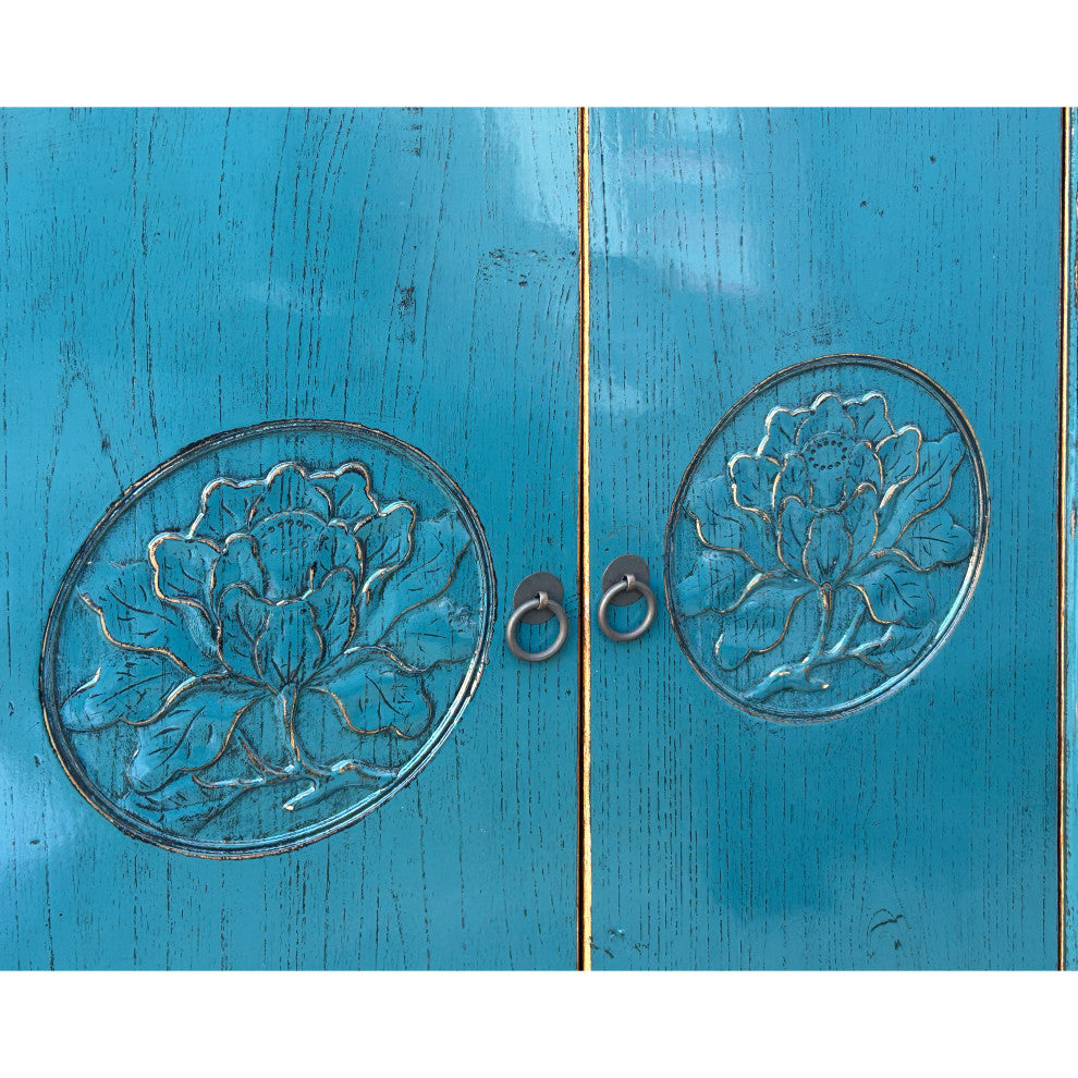 Distressed Teal Blue Lotus Carving Tall Credenza Storage Cabinet