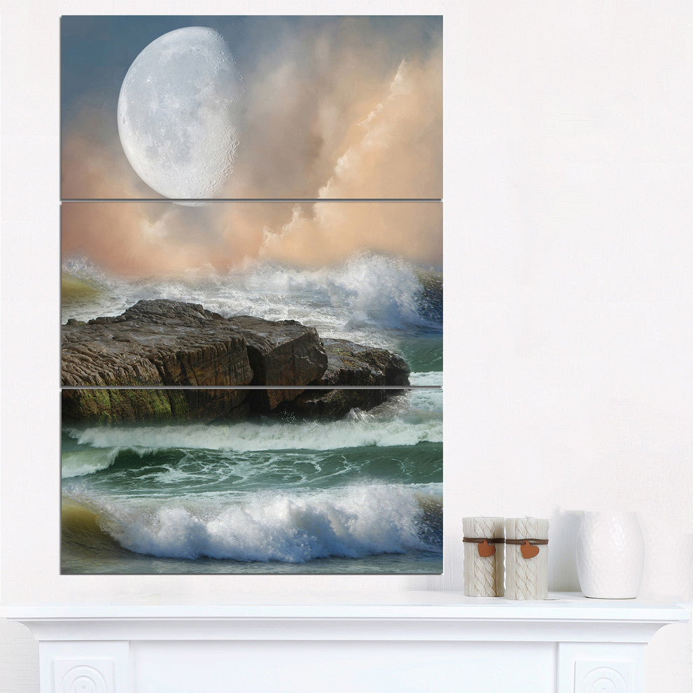 "Roaring Ocean Under Large Moon" Photo Metal Wall Art, 3 Panels, 28"x36"