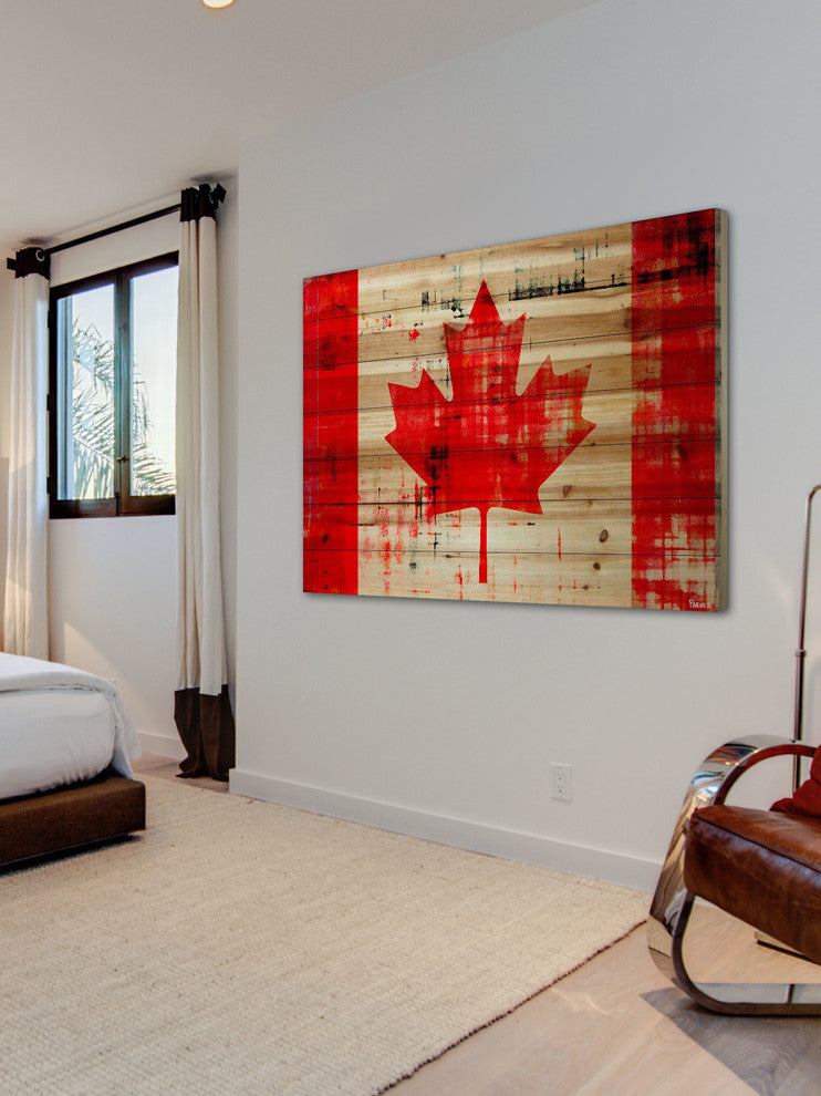 "Bright Red Leaf" Print on Natural Pine Wood, 36"x24"