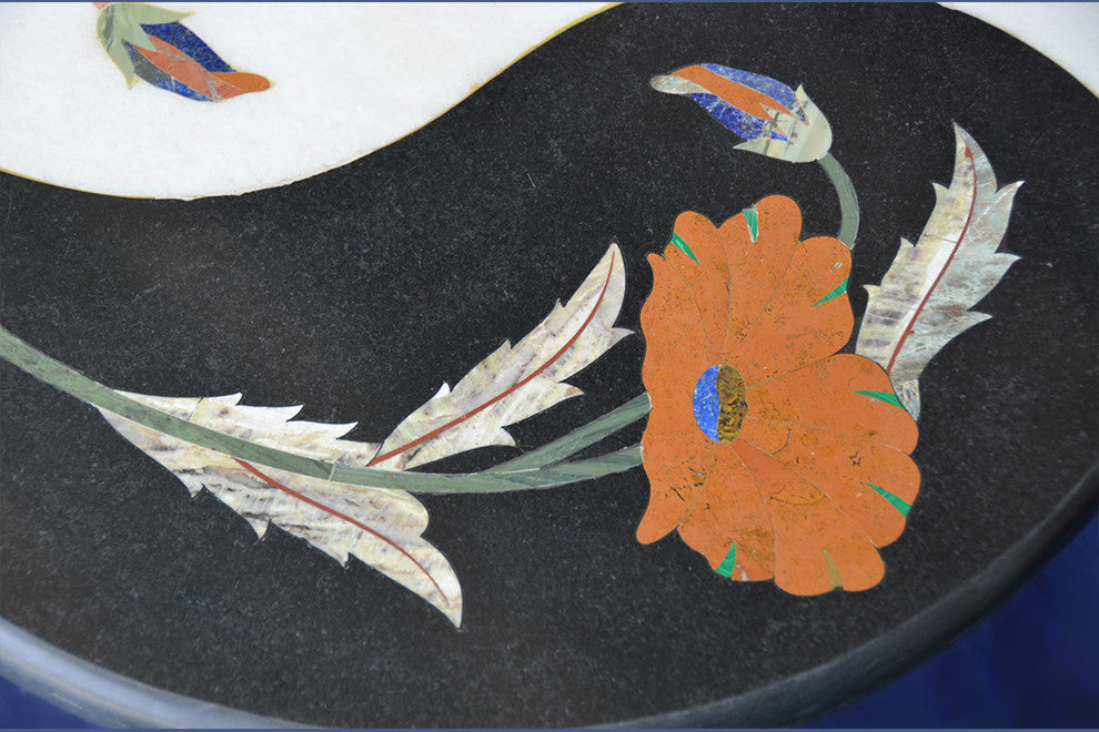 Floral Black and White Marble Inlay Table