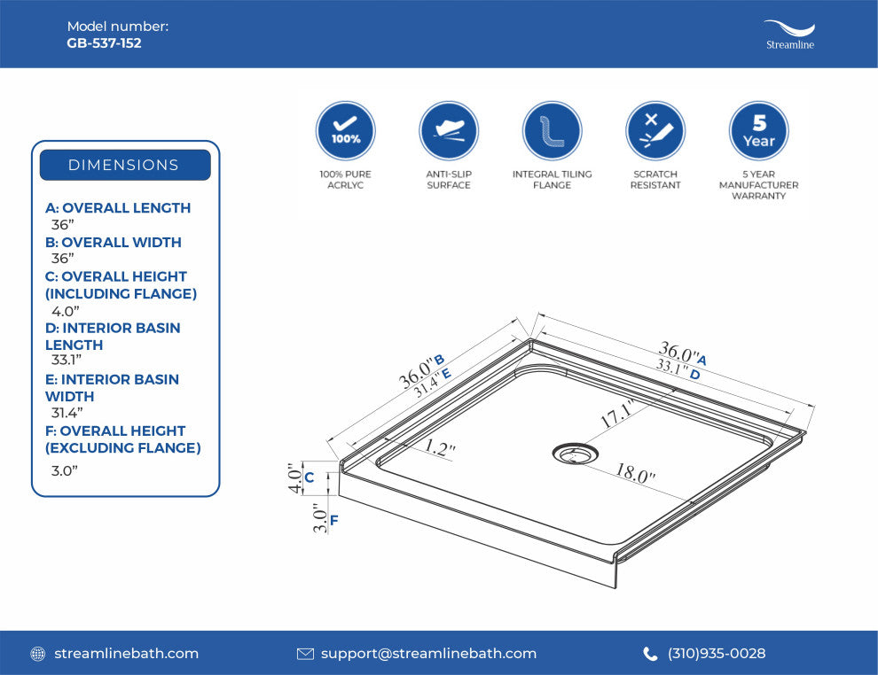 GB-537-152 36"x36" Alcove Acrylic Shower Base, Center Drain, Drain Included